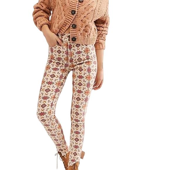 Free People Wild Child Printed Aztec High Waist Rise Skinny Jeans 27 X 28 NWT - Picture 1 of 10